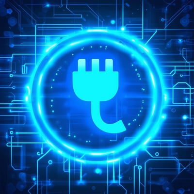 light and dark blue technology background, with plug and play icon, easy installation